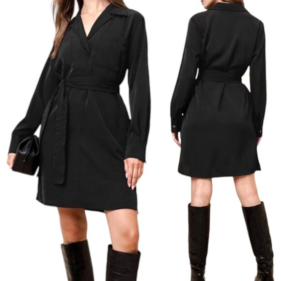 Banana Republic Shirt Dress Womens Medium Black Satin Twill Mini Tie Waist Shift - Picture 3 of 12